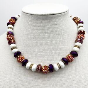 White Red Iridescent Studded Faceted Bead Rhinestone Necklace Fashion Jewelry